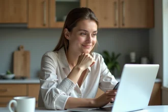 Jeune femme au bureau utilisant un ordinateur et calendrier