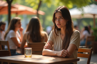 Jeune femme seule au café avec expression tendue