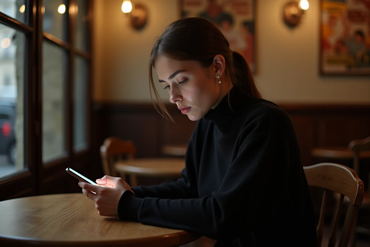 Femme seule dans un café parisien consultant son téléphone, visage partiellement visible, atmosphère intime et mystérieuse