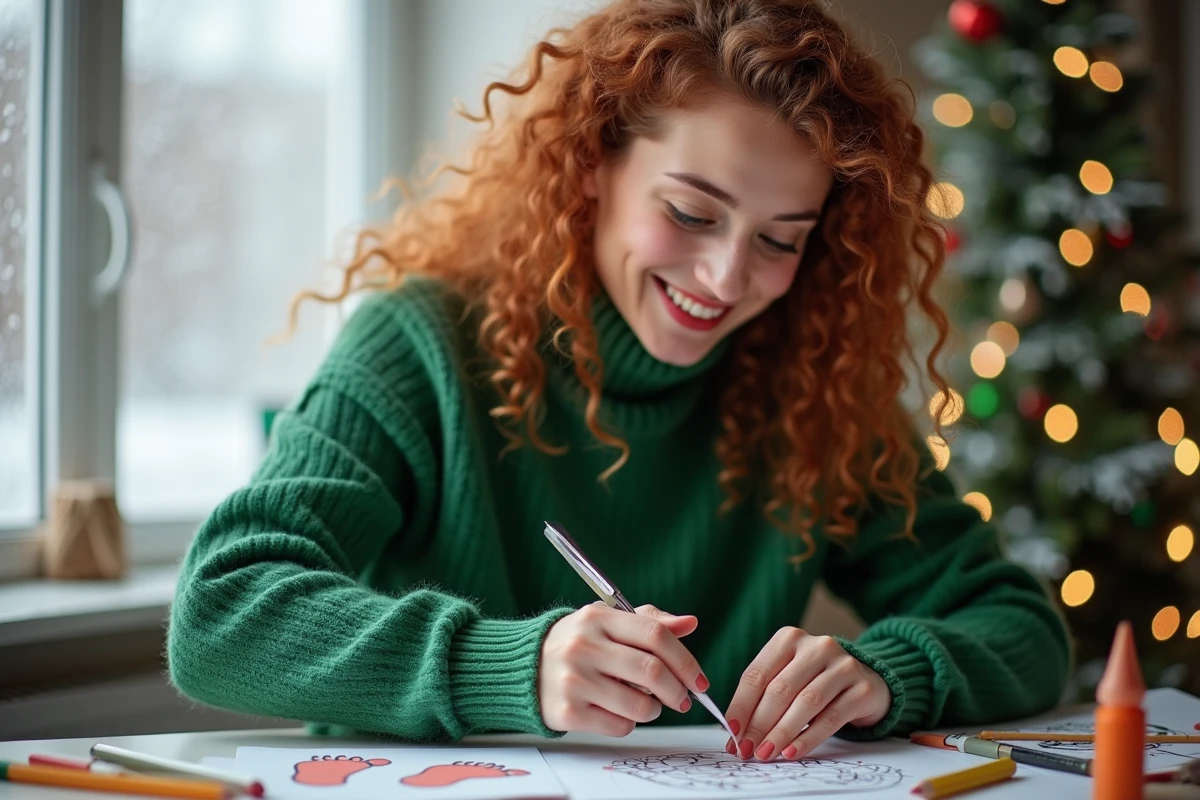 Femme découpant une lettre de lutin imprimée à la maison avec des ciseaux et des fournitures créatives de Noël
