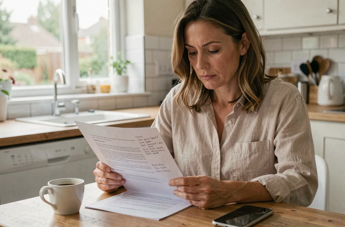 Femme lisant attentivement un document juridique lié au régime matrimonial et à la communauté de biens