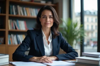 Femme économiste professionnelle assise dans un bureau parisien moderne entourée de livres et rapports économiques