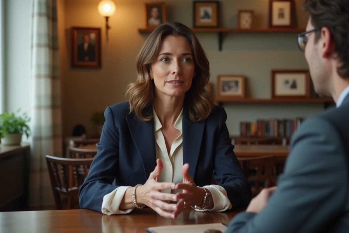 Femme élégante en réunion avec un blazer bleu marine