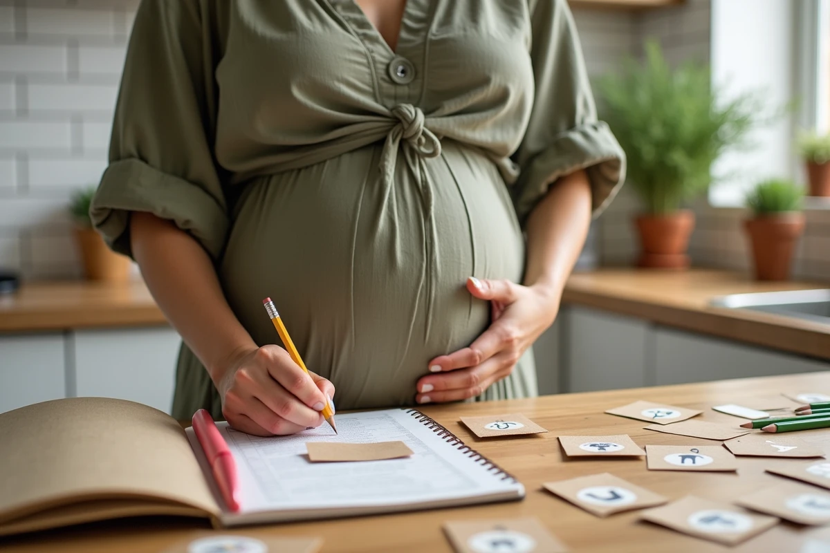 Femme enceinte préparant des cartes devinettes et rébus pour annoncer sa grossesse de manière créative dans sa cuisine