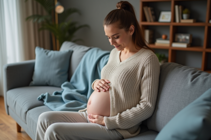 Femme enceinte sereine dans son salon moderne
