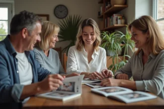 Jeune femme en famille regardant des albums photos