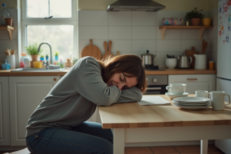 Femme fatiguée dans la cuisine chaotique