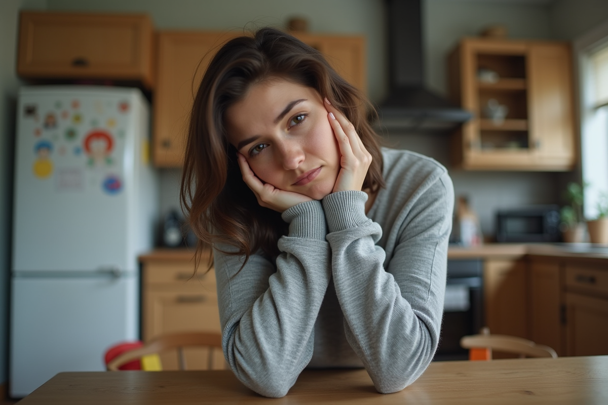 Femme fatiguée assise à la cuisine avec un air pensif