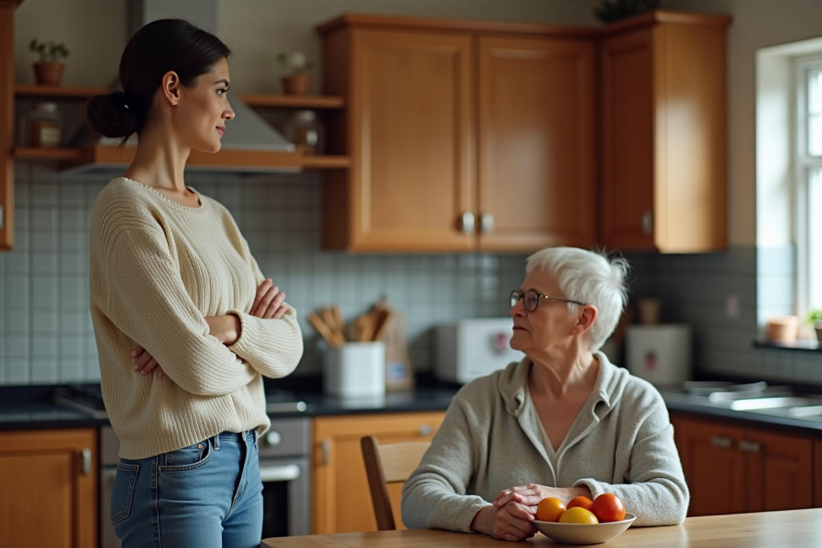 Femme face à une femme âgée dans une cuisine chaleureuse