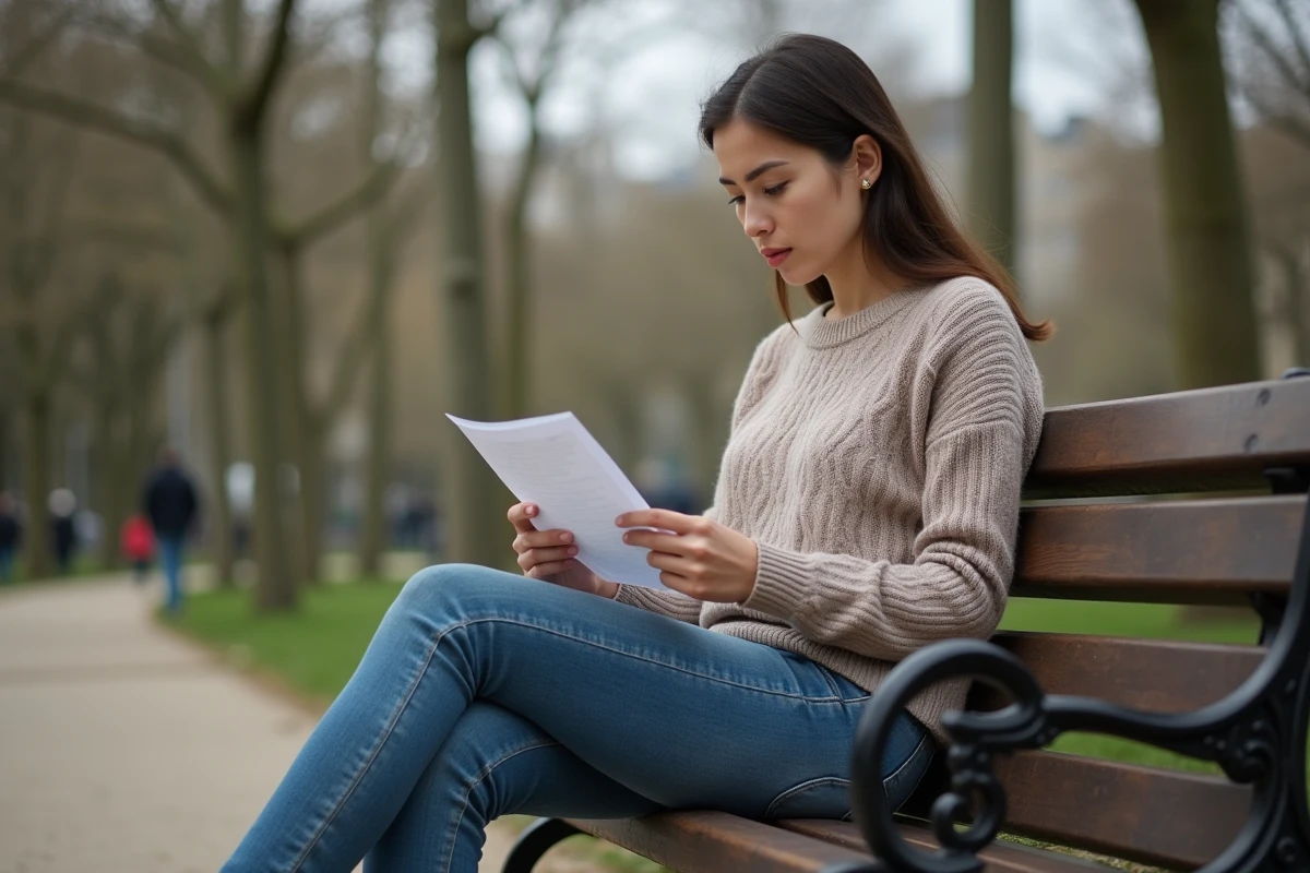 Jeune femme lisant une lettre dans un parc parisien