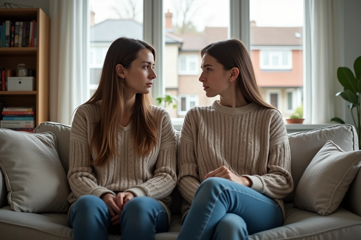 Femme et fille assises sur un canapé moderne dans un salon