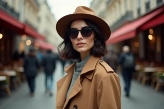 Femme élégante et anonyme dans une rue parisienne animée, portant imperméable camel et lunettes noires évoquant le mystère et la discrétion
