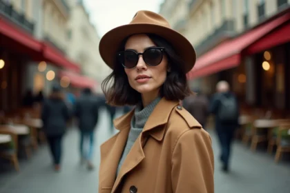 Femme élégante et anonyme dans une rue parisienne animée, portant imperméable camel et lunettes noires évoquant le mystère et la discrétion