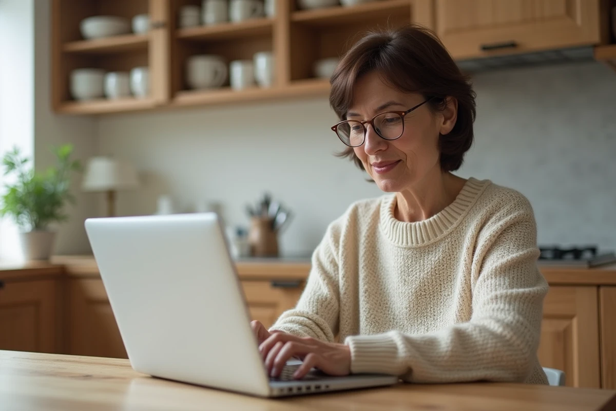 Femme d'âge moyen tapant sur un ordinateur portable dans la cuisine