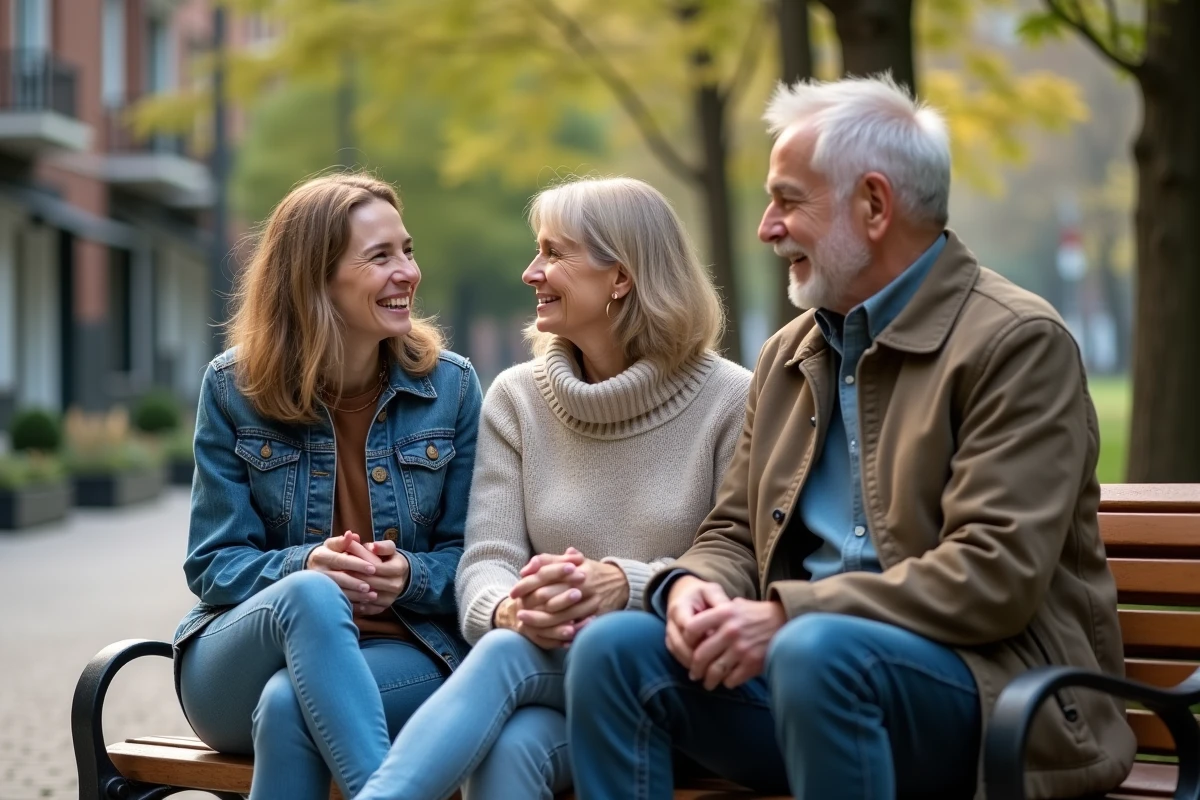 Femme et ses parents discutant dans un parc urbain