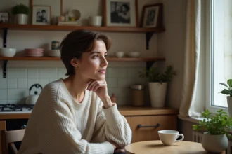 Femme française assise dans un appartement parisien cosy