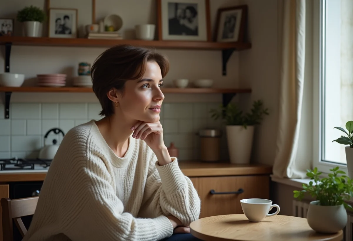 Femme française assise dans un appartement parisien cosy