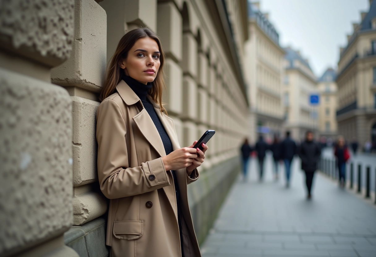 Femme en trench beige dans une rue parisienne calme