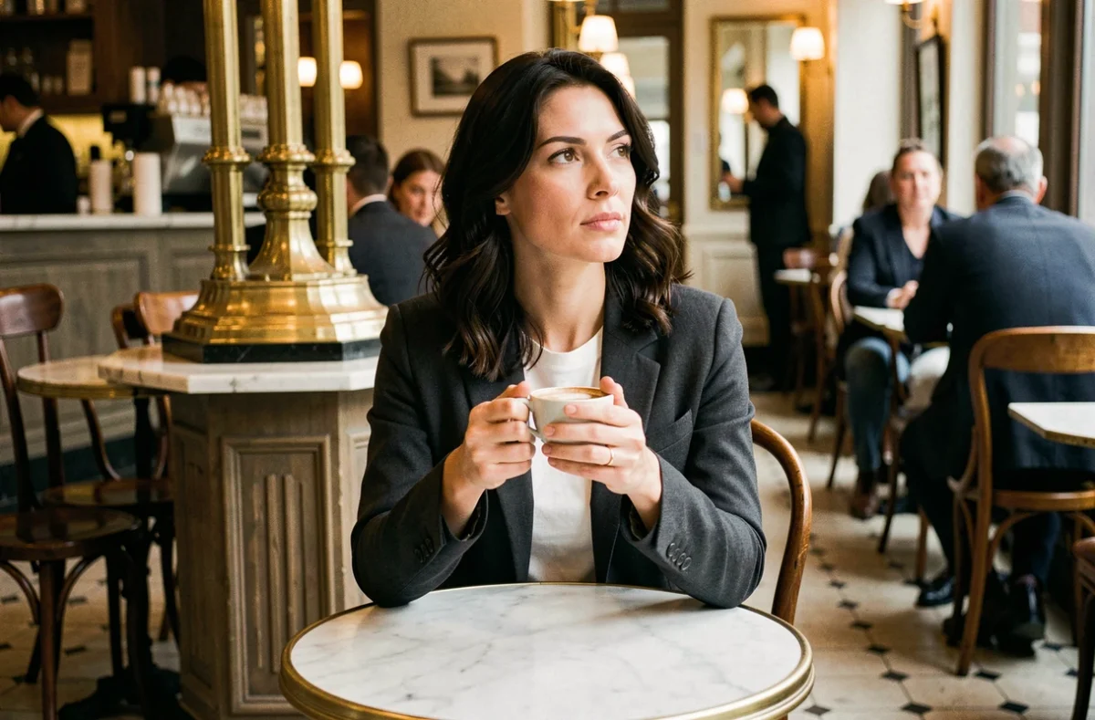 Femme pensive dans une brasserie parisienne, portrait éditorial évoquant la vie personnelle et sentimentale