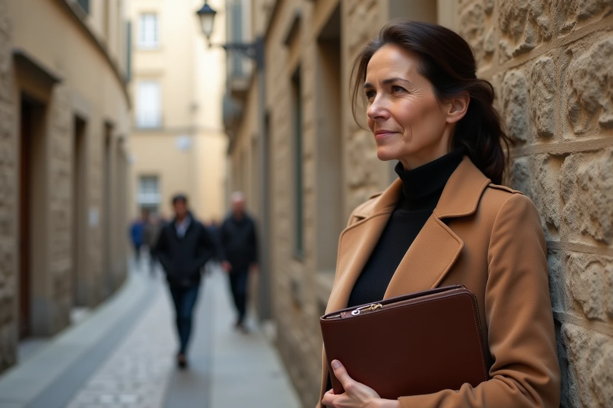 Femme d'affaires réfléchie devant une rue pavée dans une ville française historique avec architecture en pierre