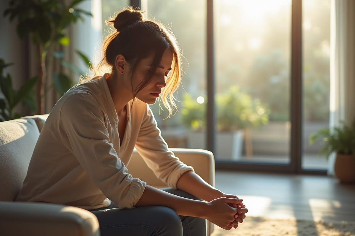 Jeune femme seule dans un salon lumineux et moderne