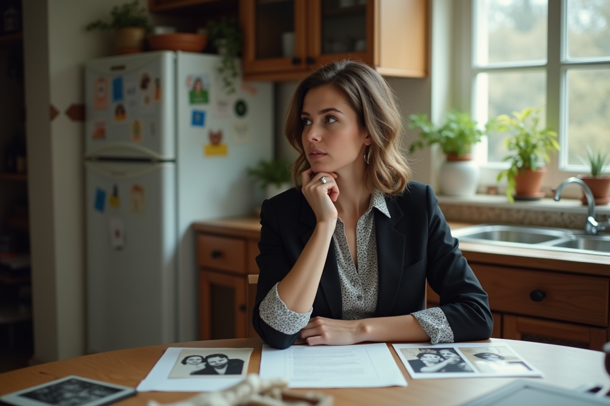 Jeune femme pensante avec papiers et photo de famille