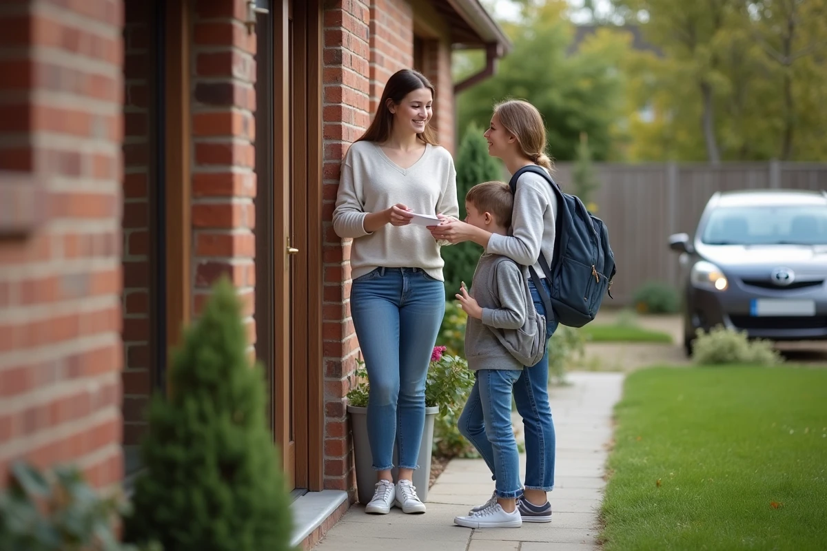 Jeune femme souriante remettant une facture devant une maison