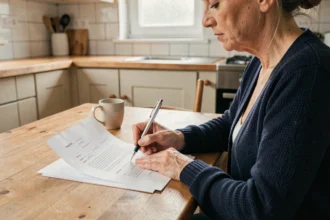 Femme remplissant un formulaire d'attestation d'hébergement à la table de sa cuisine