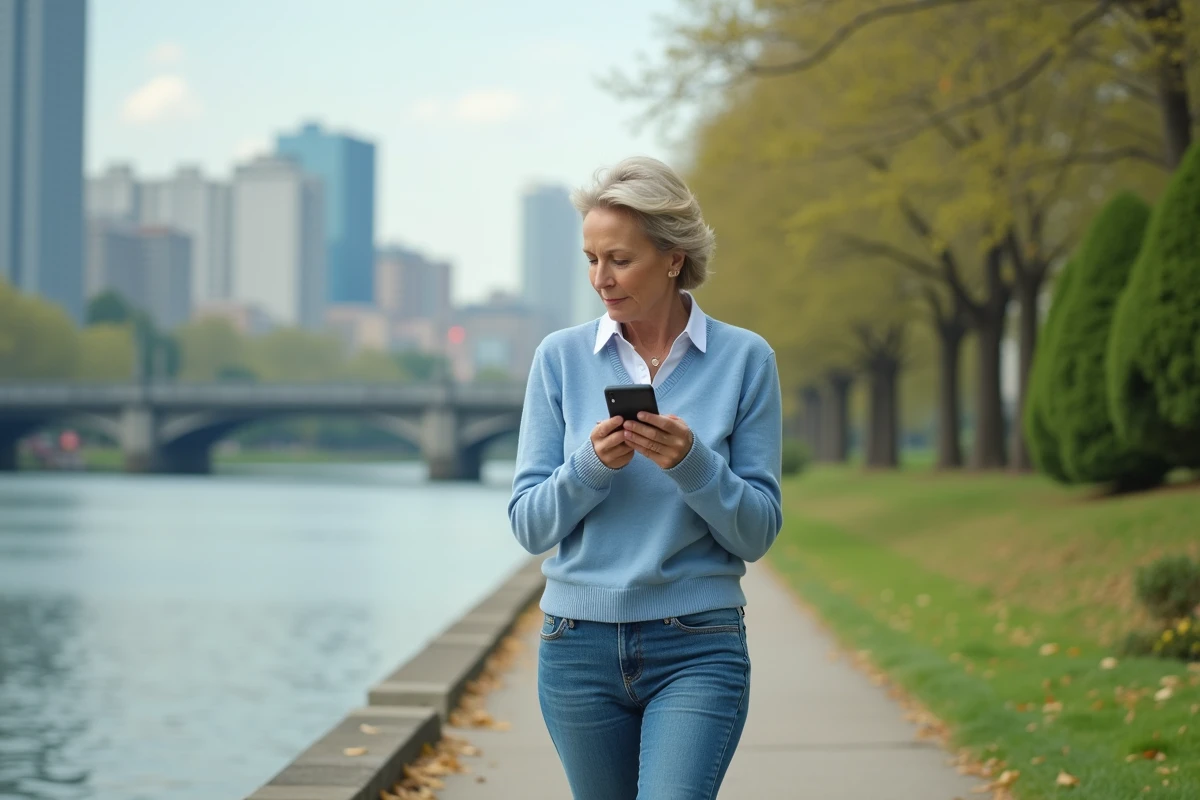 Femme en promenade au bord de la rivière en tenue décontractée