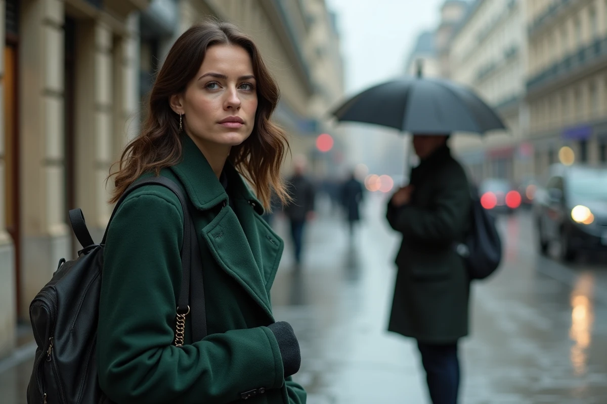 Femme en manteau vert sur une rue parisienne pluvieuse