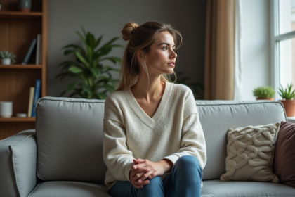Femme pensant dans un salon cosy et moderne