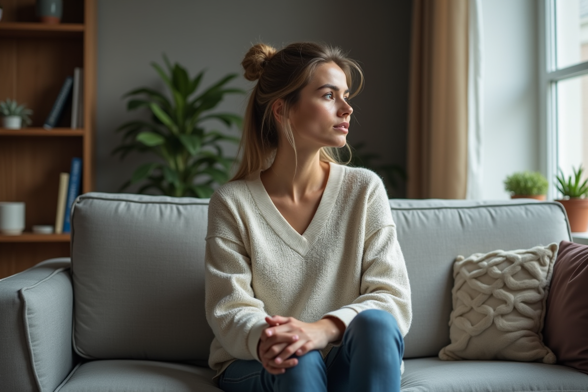 Femme pensant dans un salon cosy et moderne