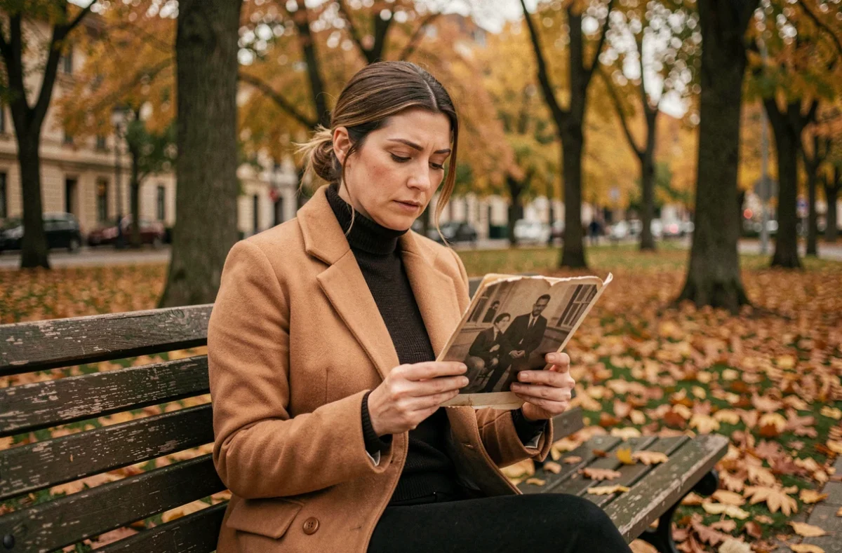 Femme tenant une photographie ancienne dans un parc en automne, exprimant nostalgie et souvenir dans le contexte d'un lien fraternel