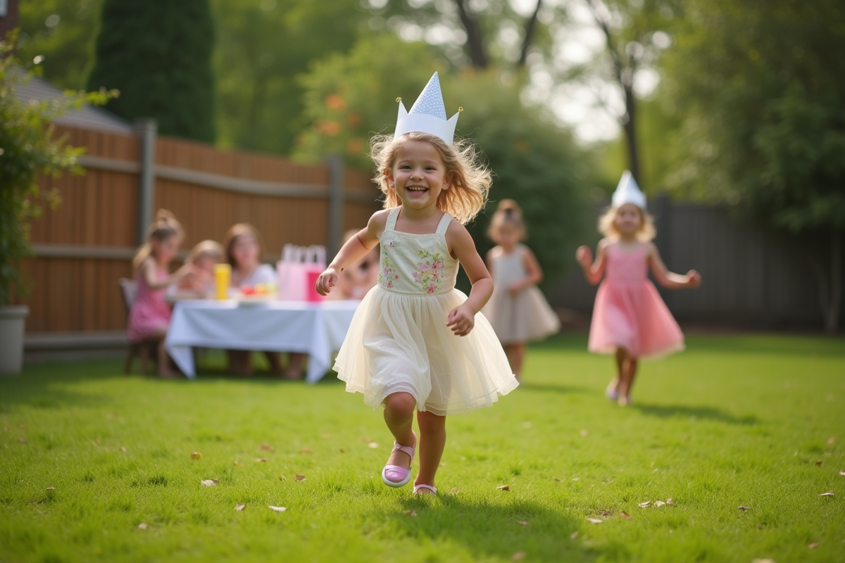 Jeune fille souriante courant dans le jardin lors d