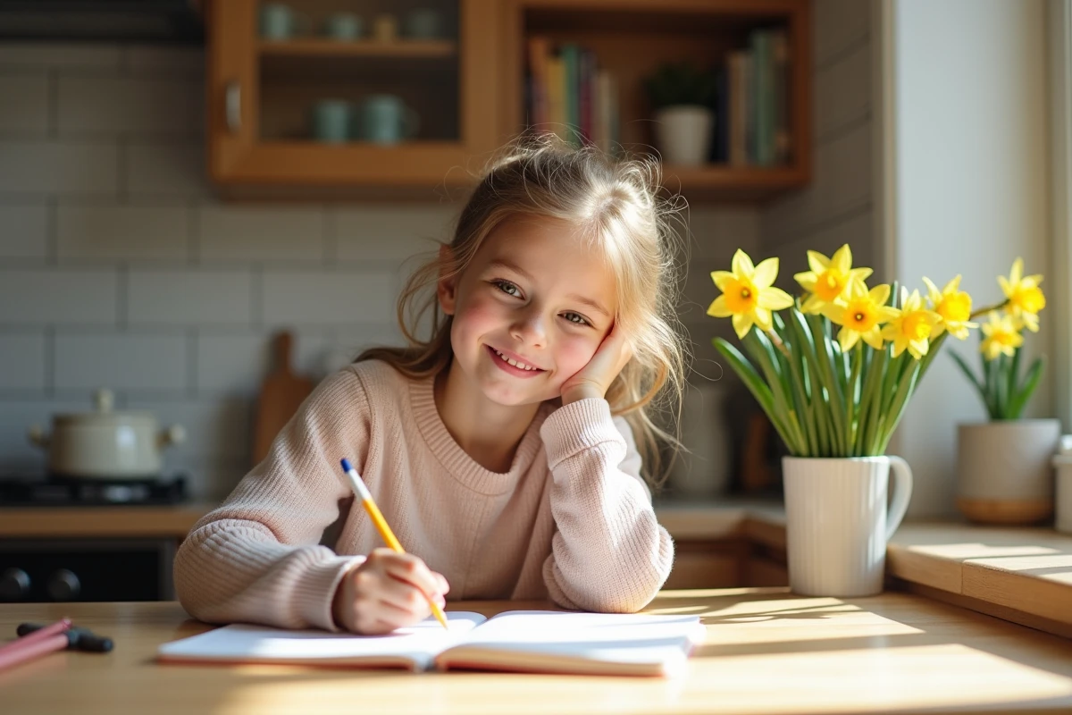 Fille dessinant dans une cuisine lumineuse