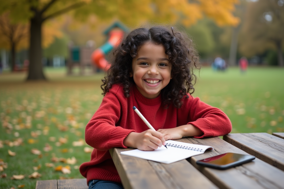 Fille de 10 ans dessinant dans un parc en été en souriant