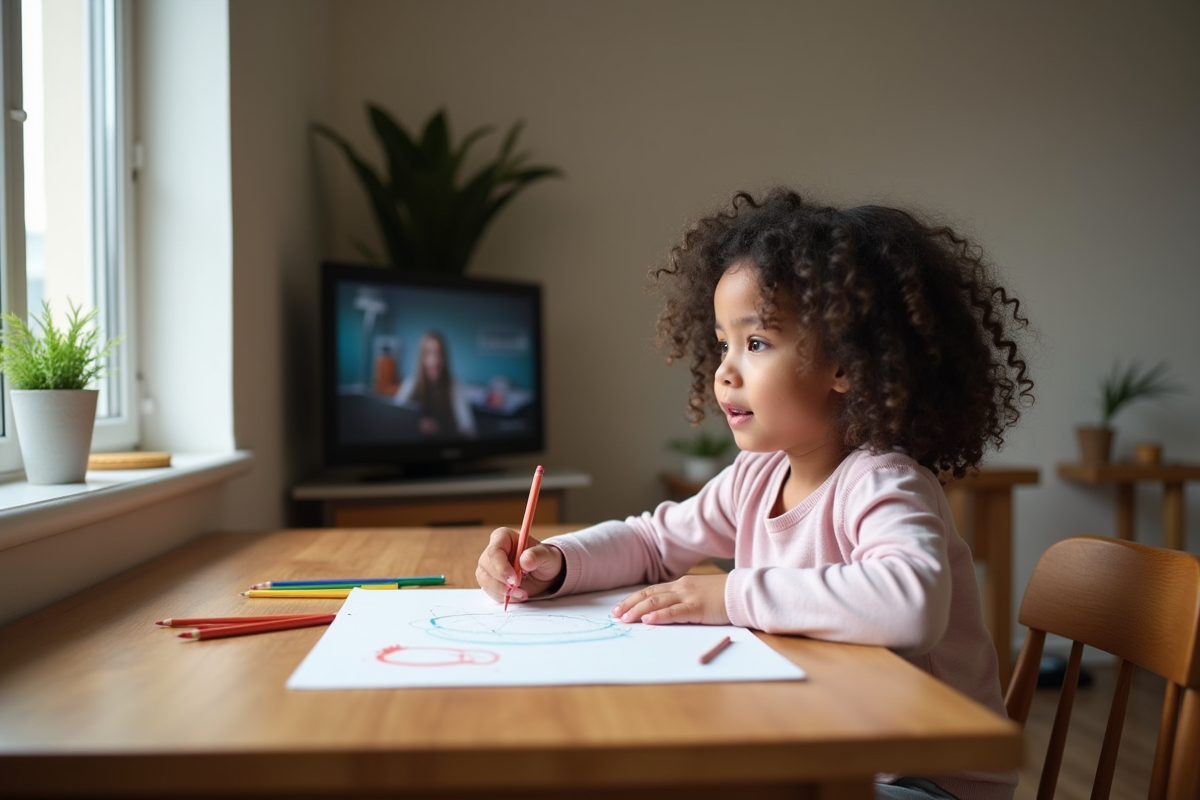Fille dessinant à la table avec la télévision en arrière-plan