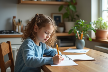 Jeune fille de 7 ans écrit dans un cahier à la maison