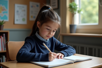 Jeune fille de 10 ans qui écrit ses devoirs dans une salle d'étude chaleureuse