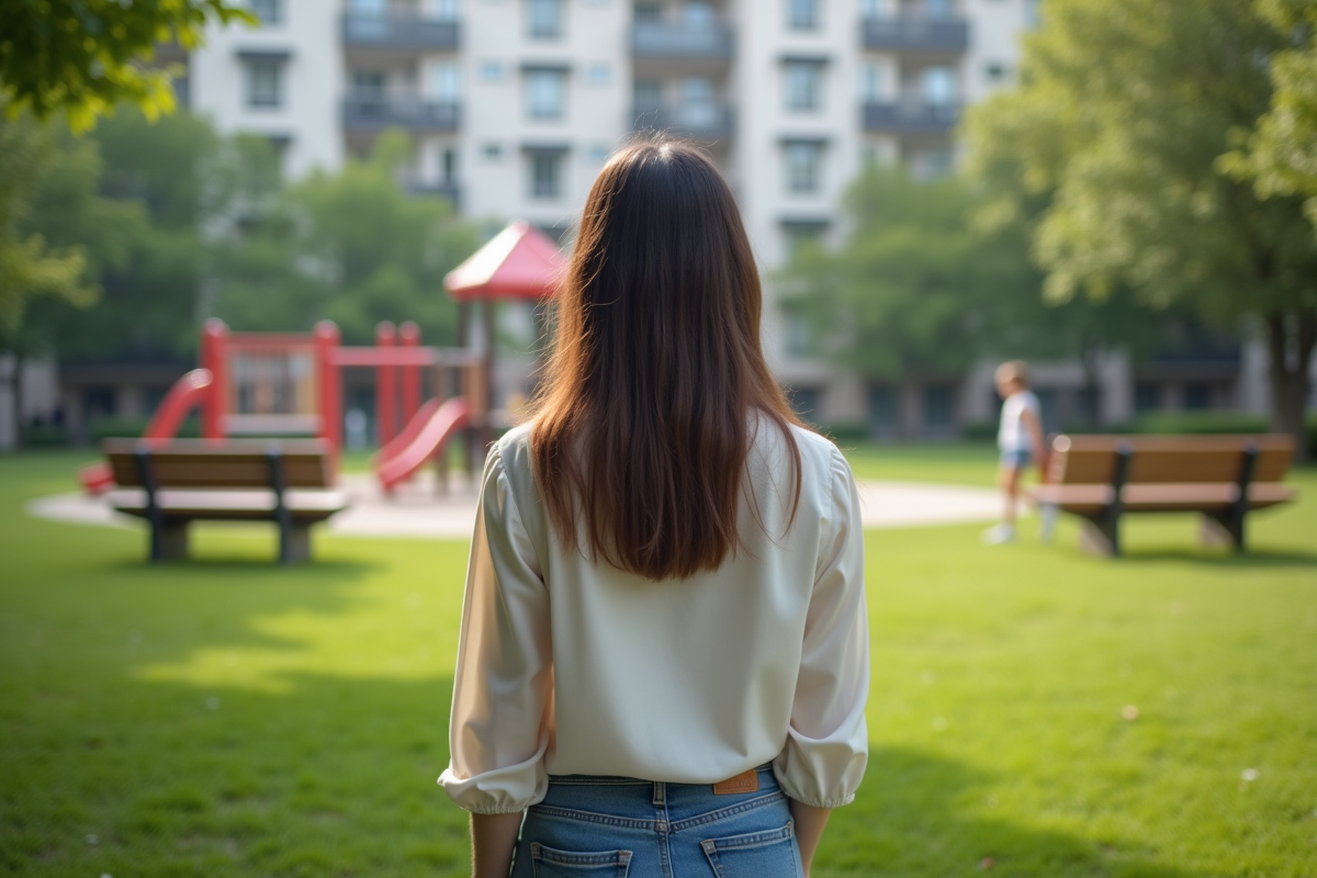 Jeune femme regardant un terrain de jeu dans un parc suburbain
