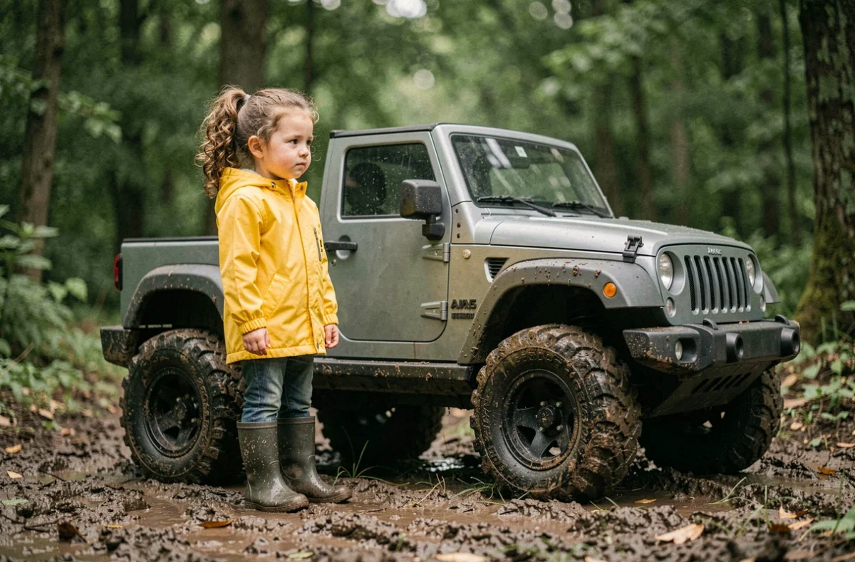 Petite fille en imperméable jaune debout à côté d'une jeep enfant 4x4 aux gros pneus dans une clairière forestière boueuse