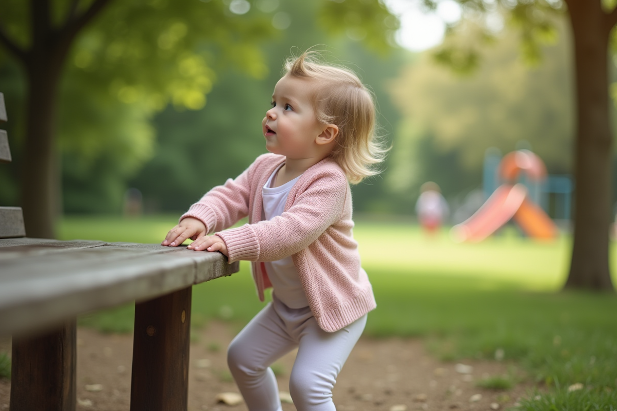 Jeune fille de 2 ans tente de se tenir debout dans un parc