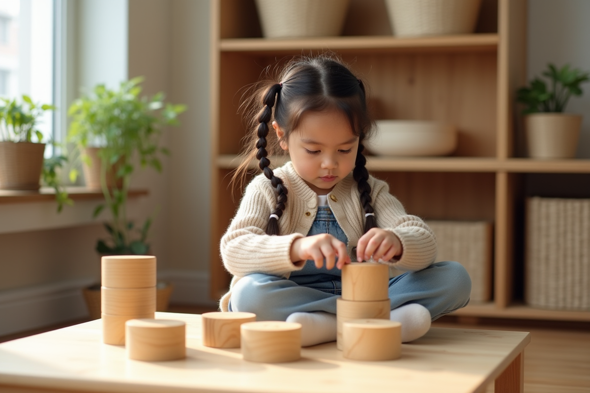 Jeune fille triant des cylindres Montessori dans une classe lumineuse