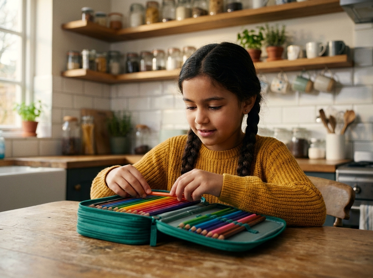 Fillette rangeant ses crayons de couleur dans une trousse double compartiment en tissu teal sur une table de cuisine en bois à la maison