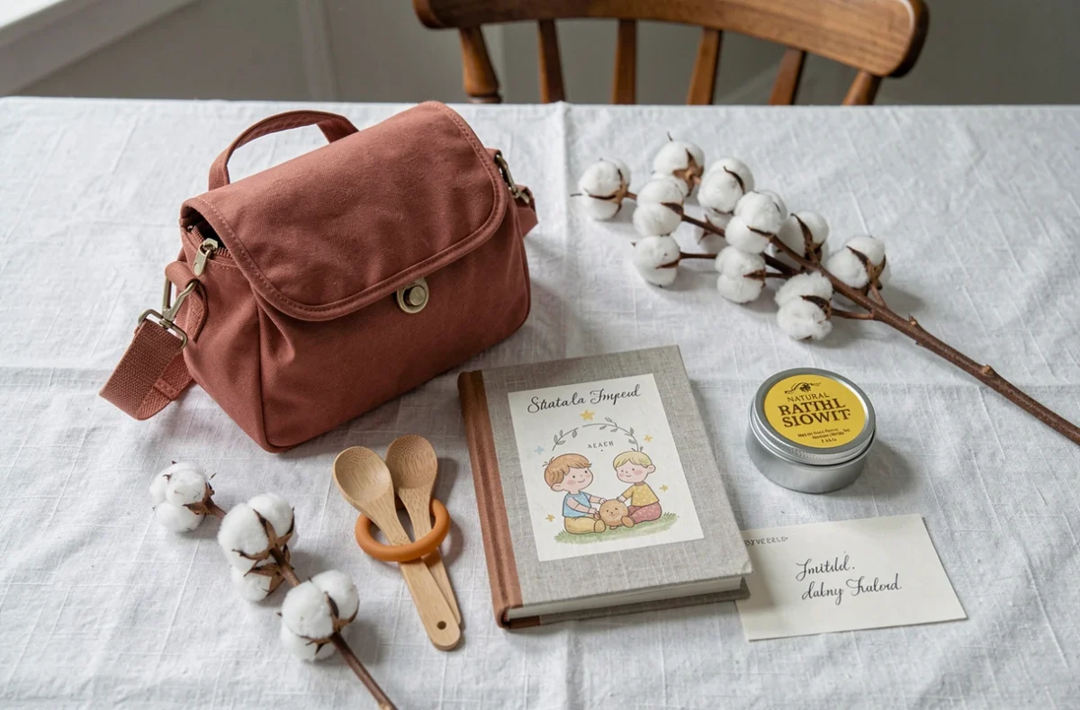 Flat-lay de cadeaux baby shower originaux et pratiques incluant un sac à langer, des accessoires naturels et un livre de grossesse sur fond de lin blanc