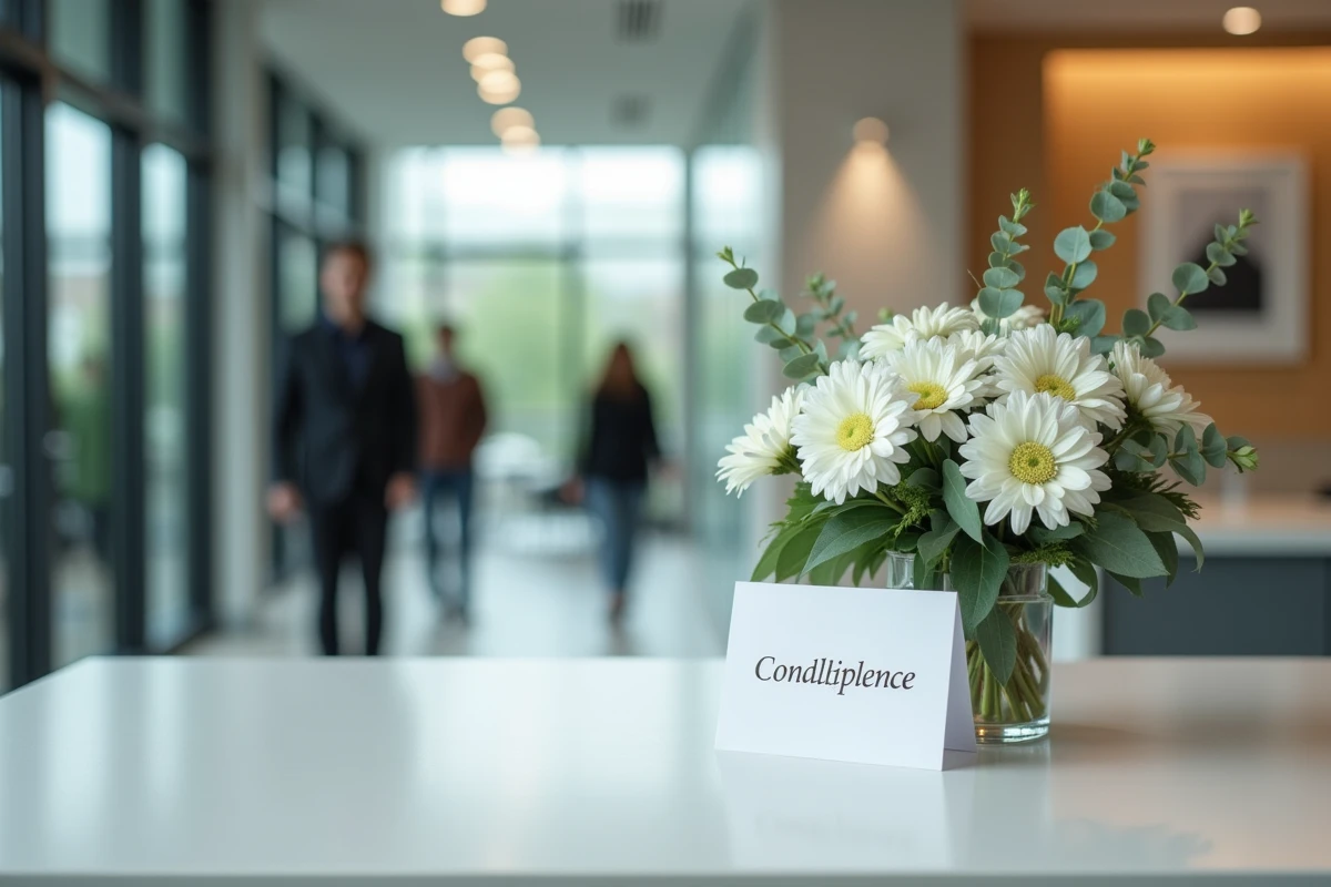 Arrangement floral de condoléances et carte de sympathie déposés sur un bureau d'accueil en entreprise