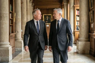 Deux hommes politiques français matures en costume sombre marchant dans un couloir institutionnel aux colonnes de pierre, symbolisant l'influence fraternelle dans la carrière politique de Philippe de Villiers