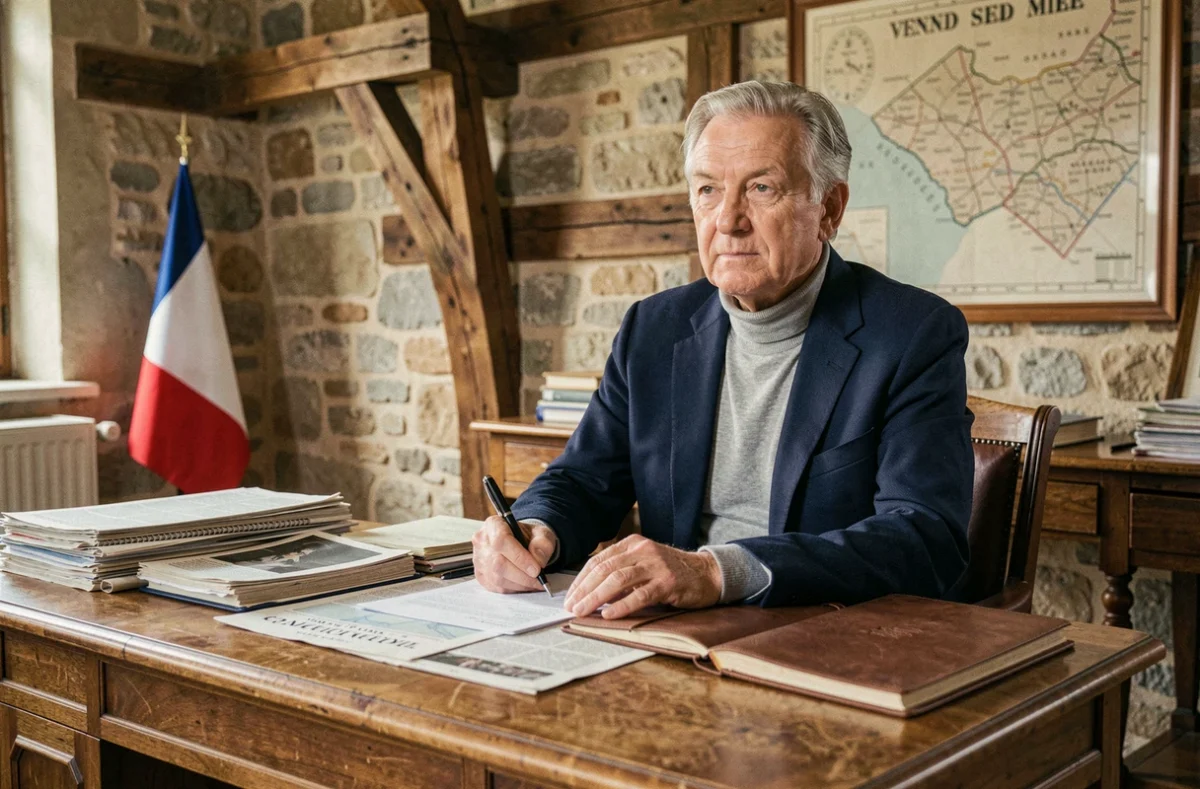Homme politique français âgé assis à un bureau en chêne avec des documents dans un bureau provincial en pierre de Vendée, évoquant le rôle fraternel dans la trajectoire politique de Philippe de Villiers