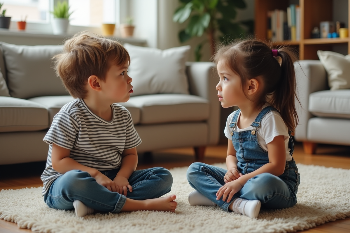 Deux jeunes frères et sœurs discutent dans le salon familial