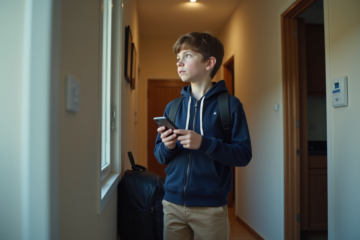 Garçon de 12 ans regardant par la fenêtre à la maison